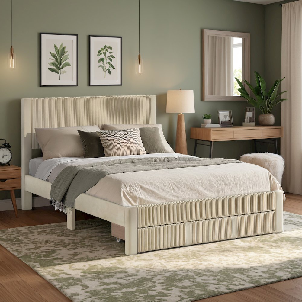 Beige Pleated Velvet Storage Queen Bed. Picture 4