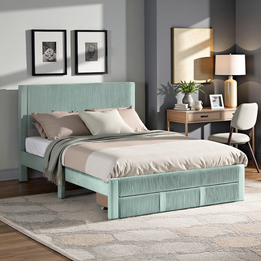 Crystal Green Pleated Velvet Storage Queen Bed. Picture 3