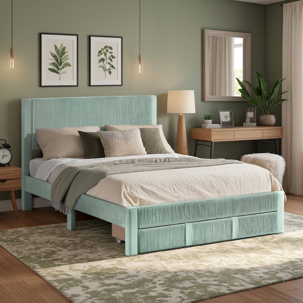 Crystal Green Pleated Velvet Storage Queen Bed. Picture 4