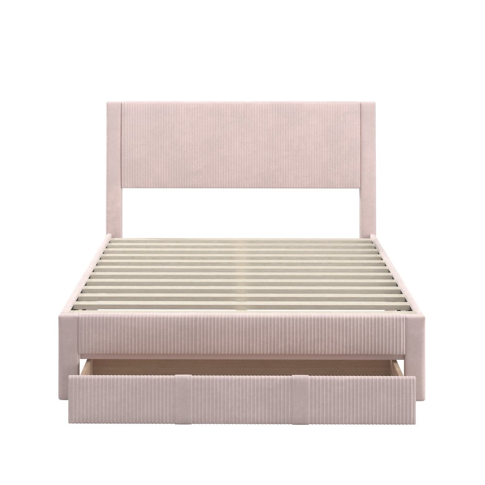 Light Pink Pleated Velvet Storage Queen Bed. Picture 1