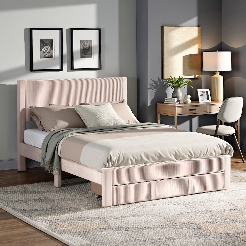 Light Pink Pleated Velvet Storage Queen Bed. Picture 3