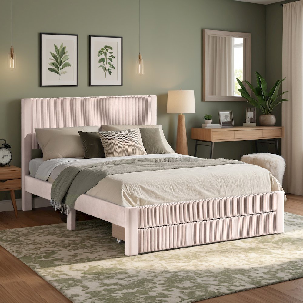 Light Pink Pleated Velvet Storage Queen Bed. Picture 4