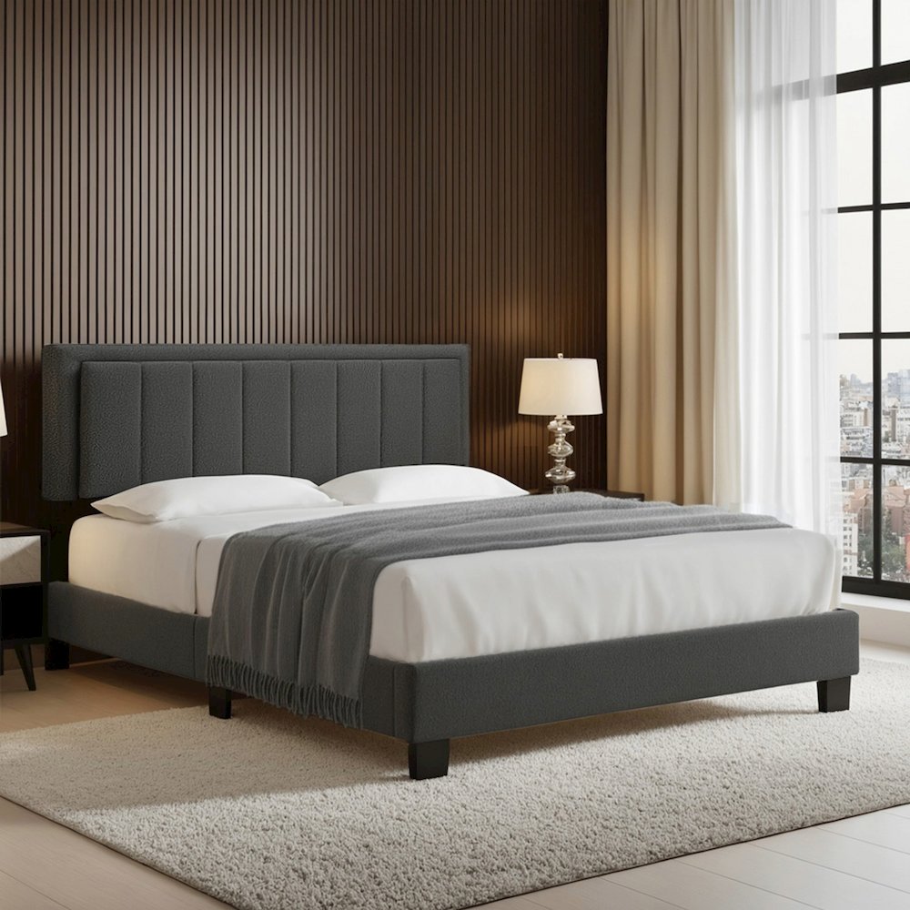 Black Finish Charcoal Boucle Queen Bed With LED Channel Headboard. Picture 1