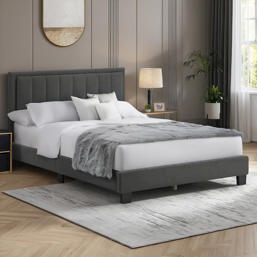 Black Finish Charcoal Boucle Queen Bed With LED Channel Headboard. Picture 2