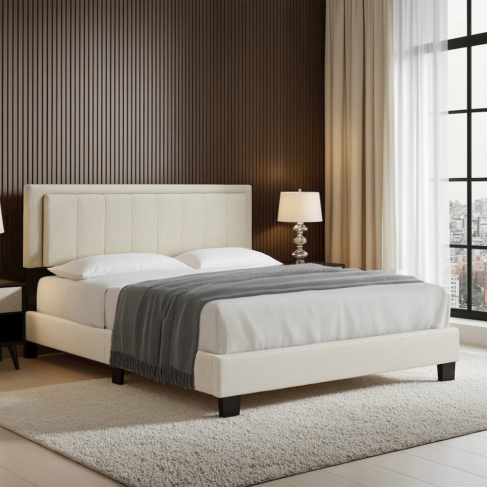 Black Finish Cream Boucle Queen Bed With LED Channel Headboard. Picture 1