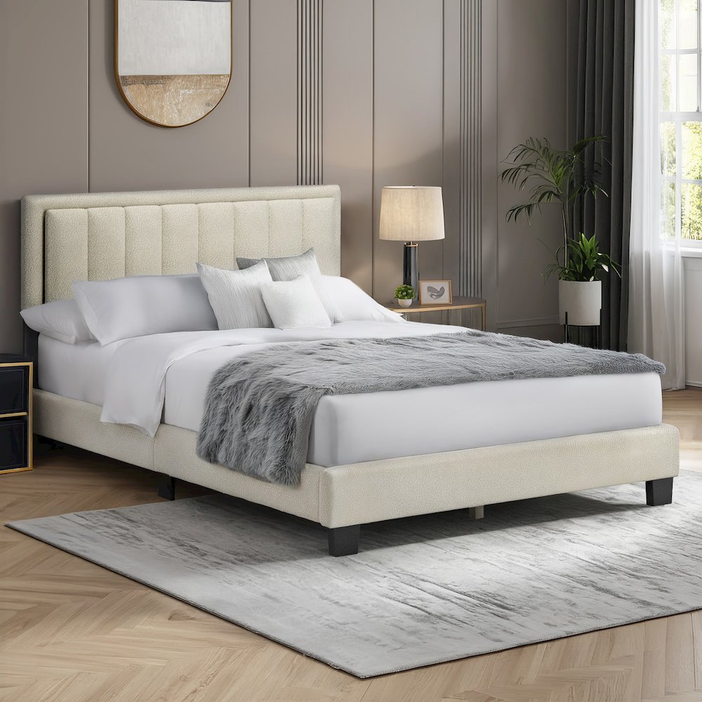 Black Finish Cream Boucle Queen Bed With LED Channel Headboard. Picture 2