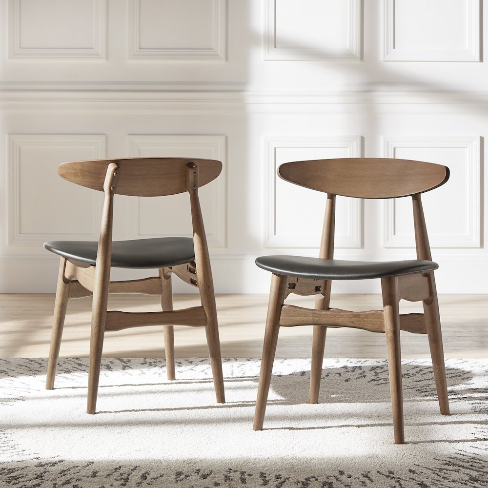 Set of 2, Dark Walnut Finish Black Matte Pvc Side Chair. Picture 1