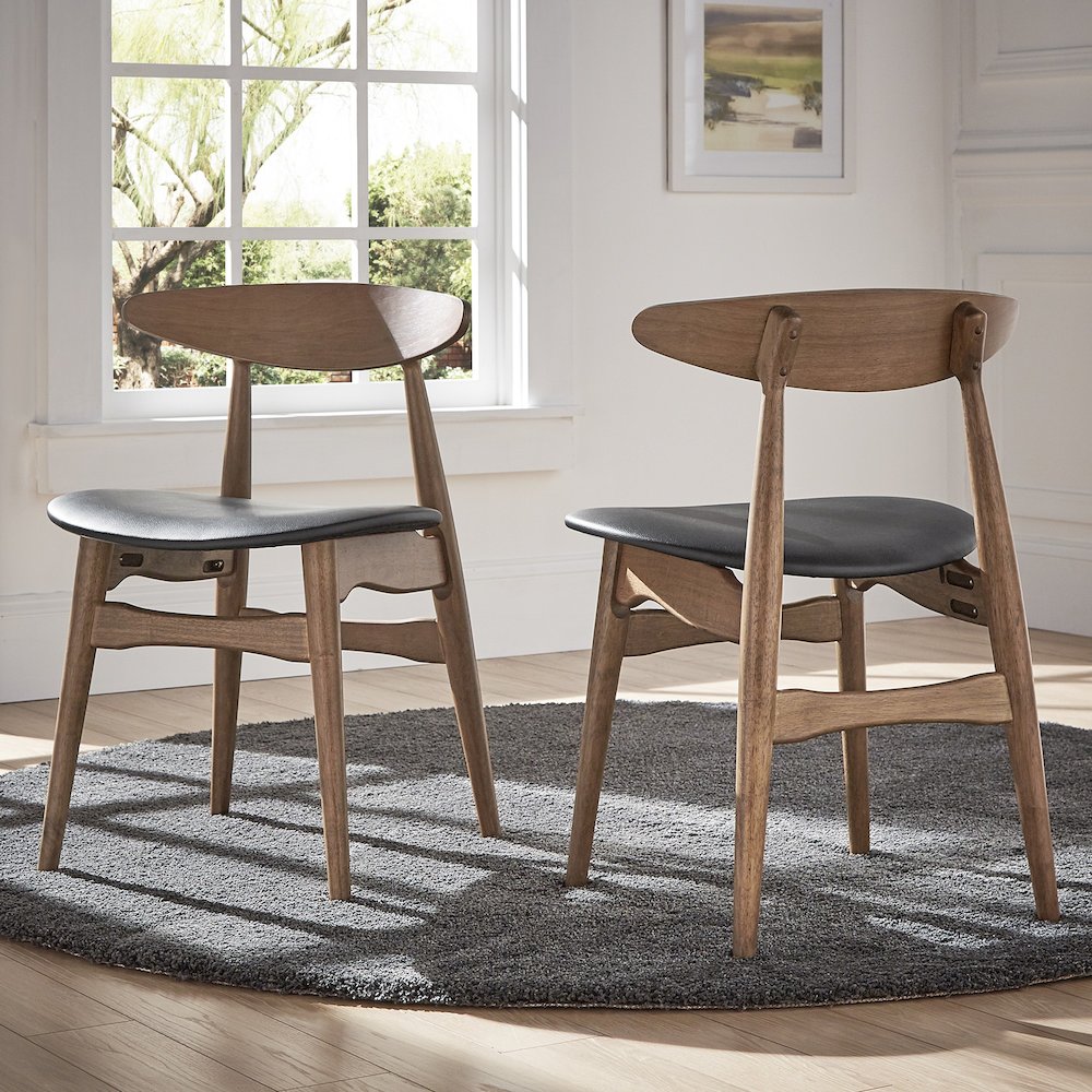 Set of 2, Dark Walnut Finish Black Matte Pvc Side Chair. Picture 2