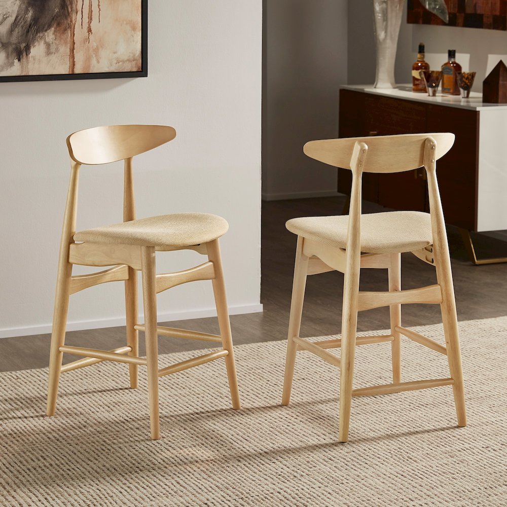 Set of 2, Nature Finish Beige Fabric Counter Height Chair. Picture 2