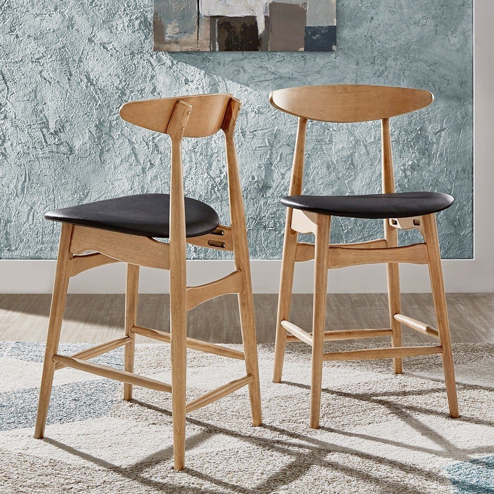 Set of 2, Nature Finish Black PU Counter Height Chair. Picture 1