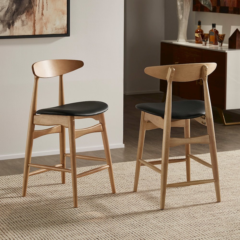 Set of 2, Nature Finish Black PU Counter Height Chair. Picture 2