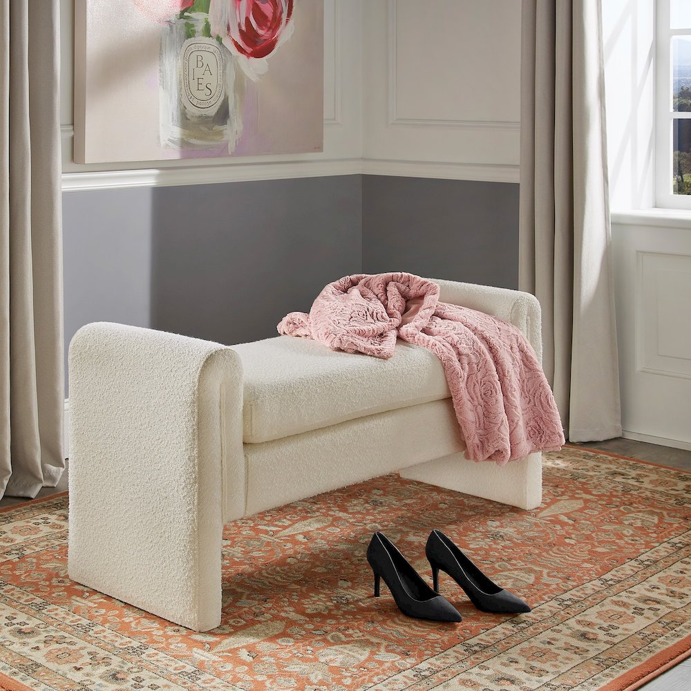 Ivory White Boucle Large Bench. Picture 1