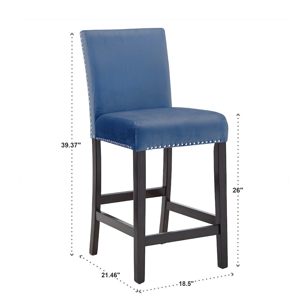 Set of 2, Espresso Finish Blue Velvet 26"H Counter Height Chair. Picture 5