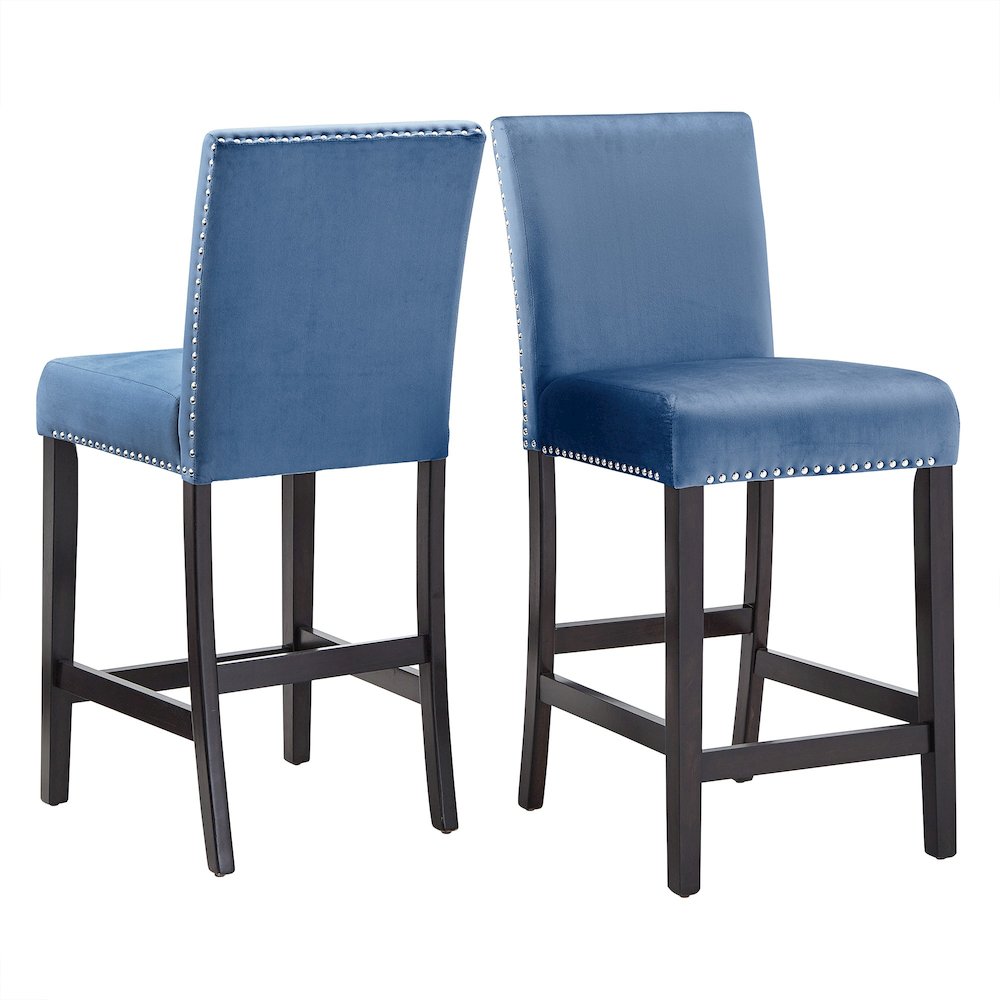 Set of 2, Espresso Finish Blue Velvet 26"H Counter Height Chair. Picture 7