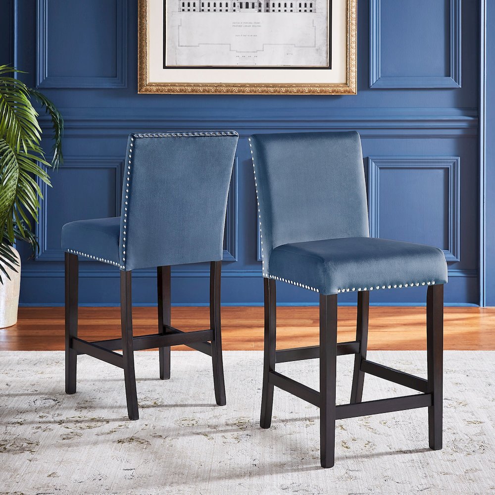 Set of 2, Espresso Finish Blue Velvet 26"H Counter Height Chair. Picture 1