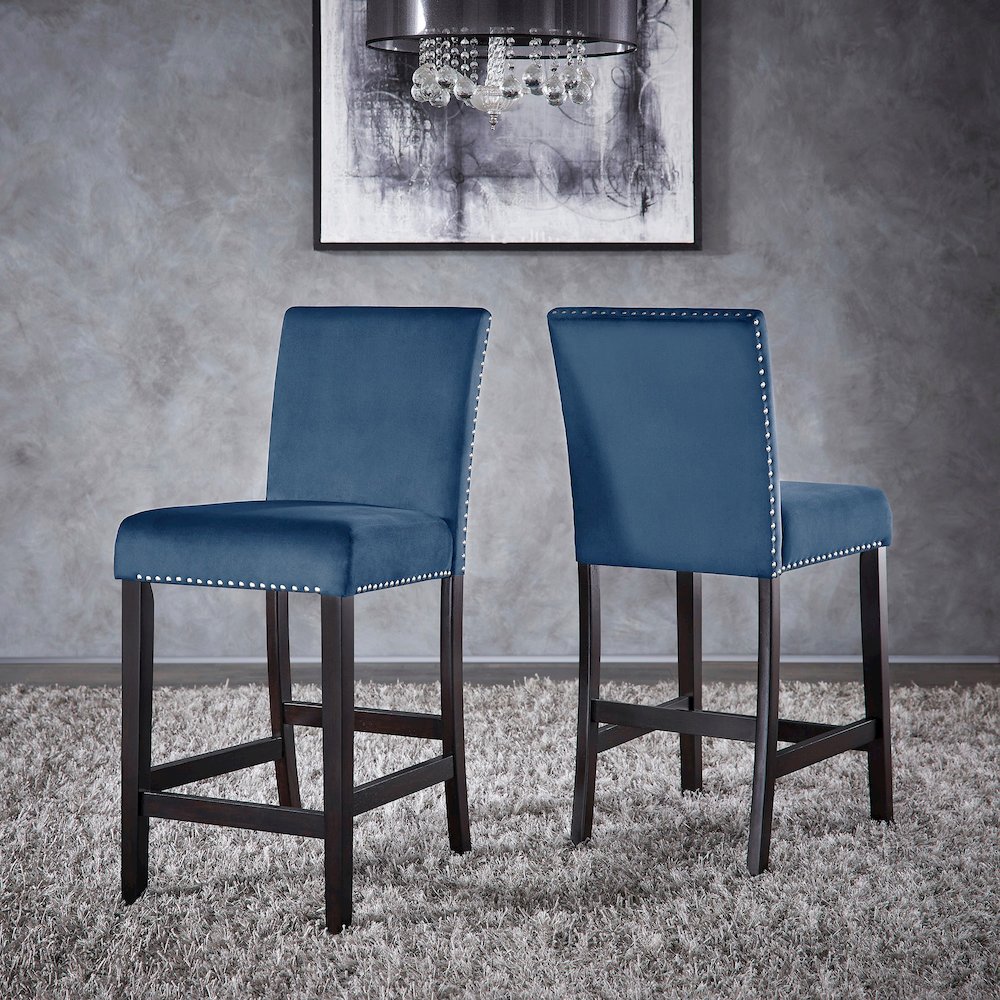 Set of 2, Espresso Finish Blue Velvet 26"H Counter Height Chair. Picture 2