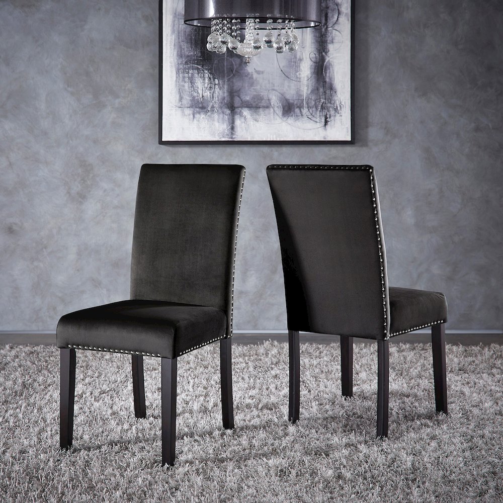 Set of 2, Espresso Finish Black Velvet Dining Chair. Picture 2