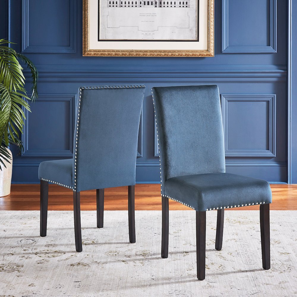 Set of 2, Espresso Finish Blue Velvet Dining Chair. Picture 2
