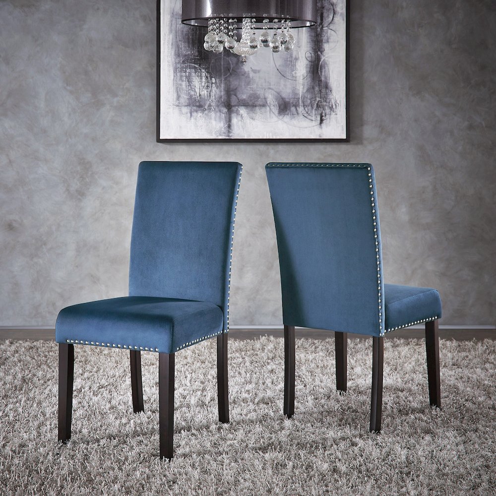 Set of 2, Espresso Finish Blue Velvet Dining Chair. Picture 3