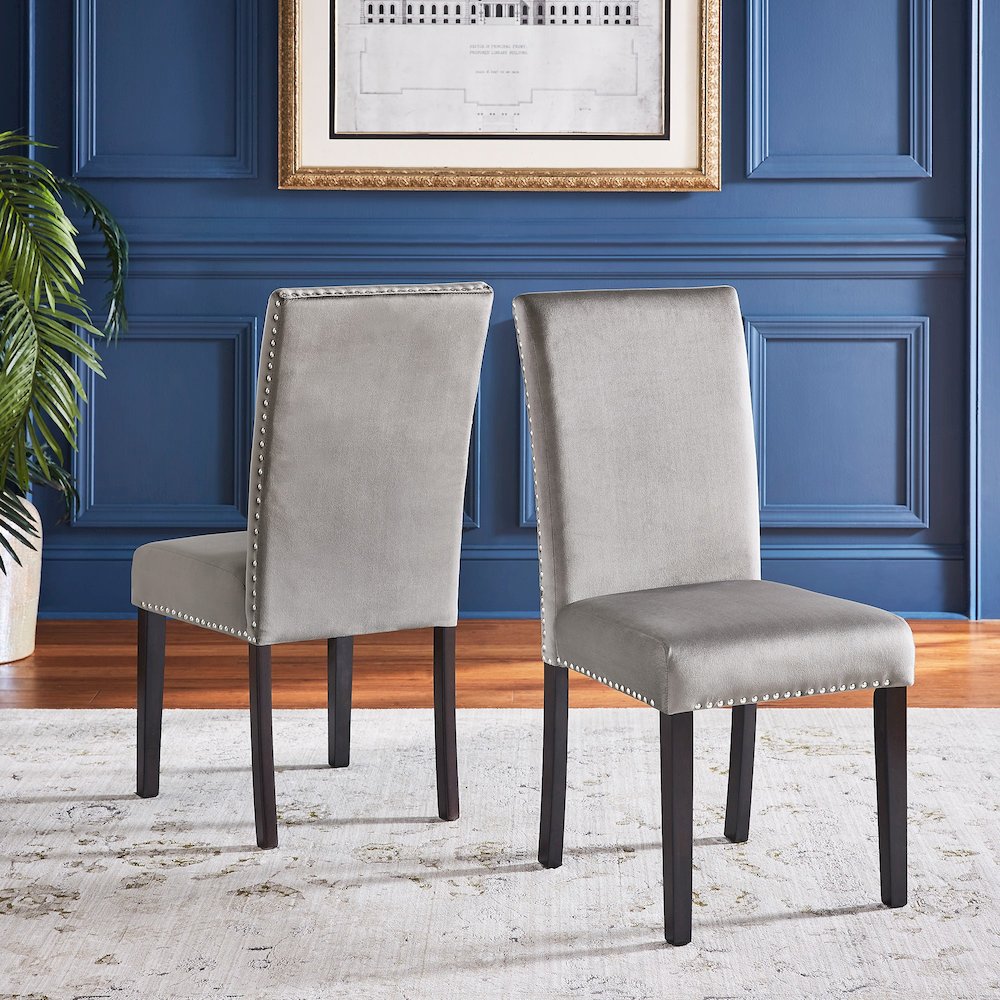 Set of 2, Espresso Finish Grey Velvet Dining Chair. Picture 1