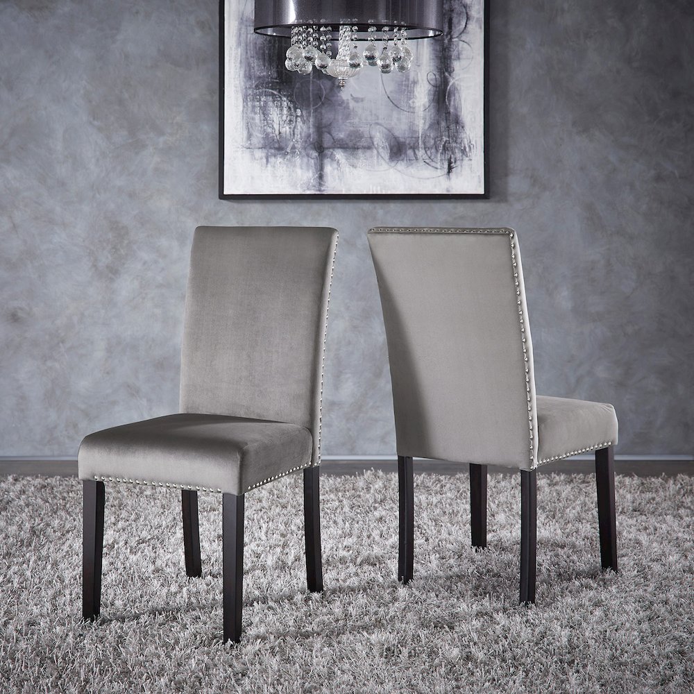Set of 2, Espresso Finish Grey Velvet Dining Chair. Picture 2