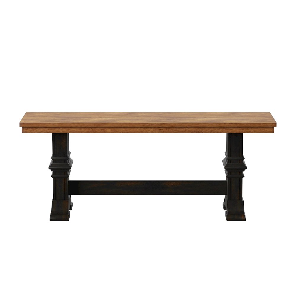 Two-Tone Oak And Antique Black Finish Dining Bench With Trestle Leg. Picture 1