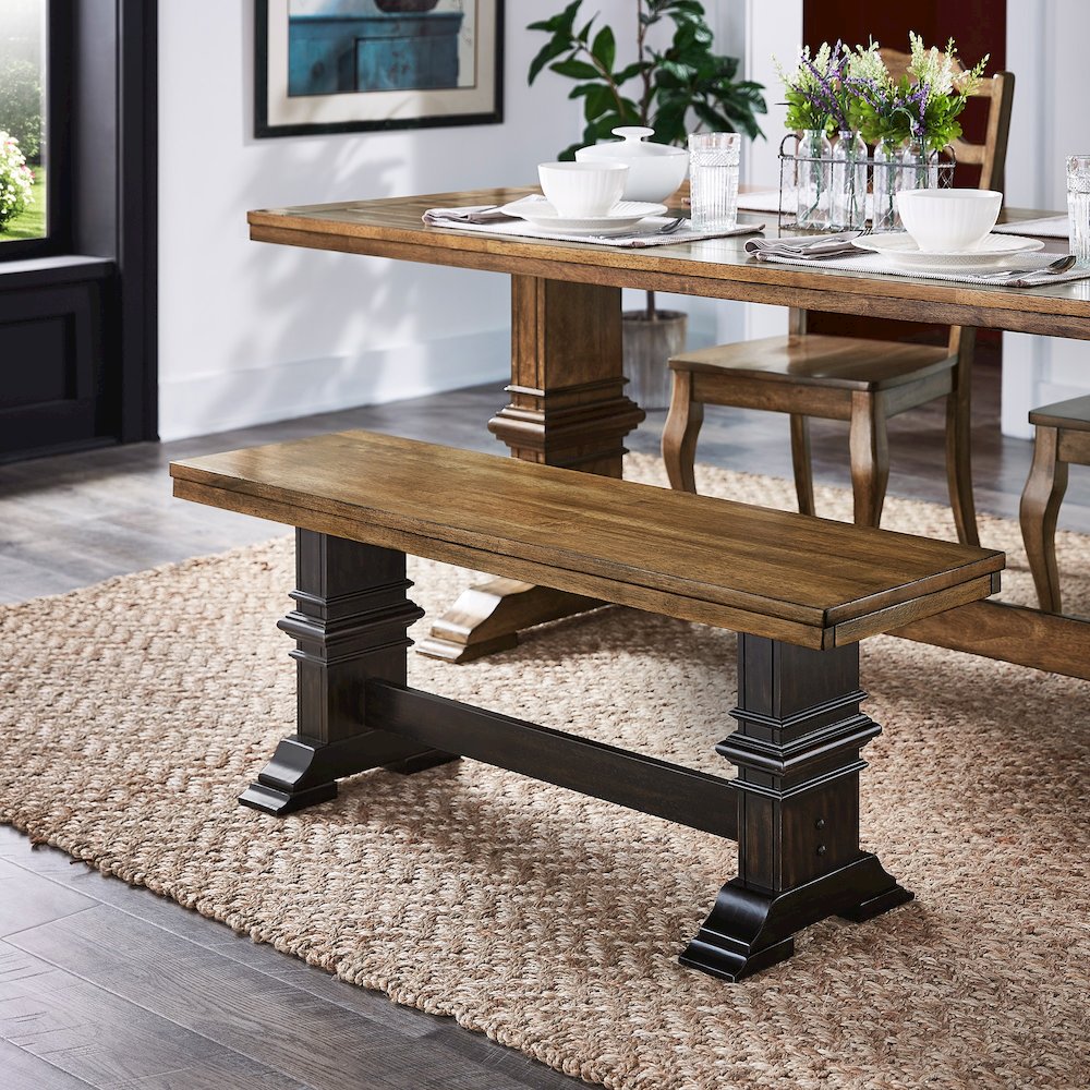 Two-Tone Oak And Antique Black Finish Dining Bench With Trestle Leg. Picture 2