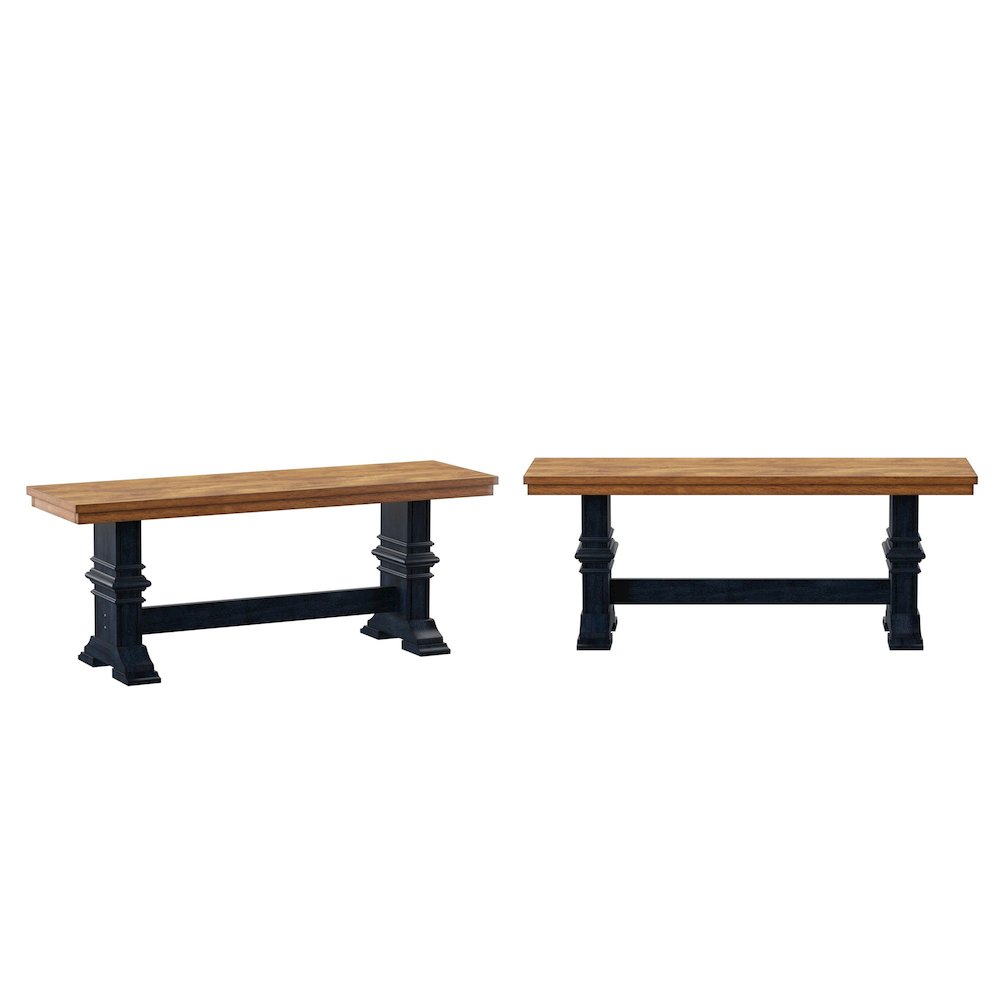 Two-Tone Oak And Antique Denim Finish Dining Bench With Trestle Leg. Picture 2