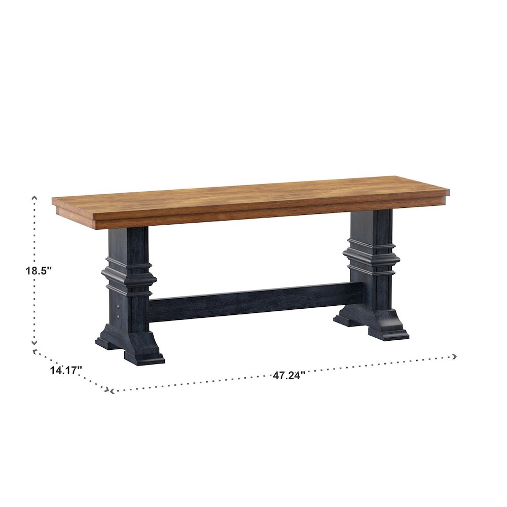 Two-Tone Oak And Antique Denim Finish Dining Bench With Trestle Leg. Picture 3