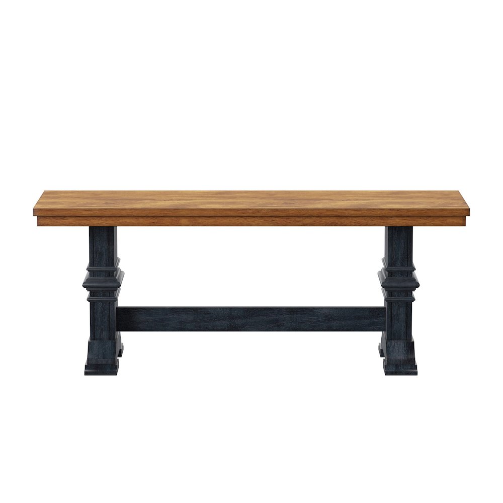 Two-Tone Oak And Antique Denim Finish Dining Bench With Trestle Leg. Picture 4