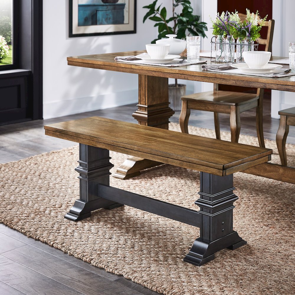 Two-Tone Oak And Antique Denim Finish Dining Bench With Trestle Leg. Picture 1