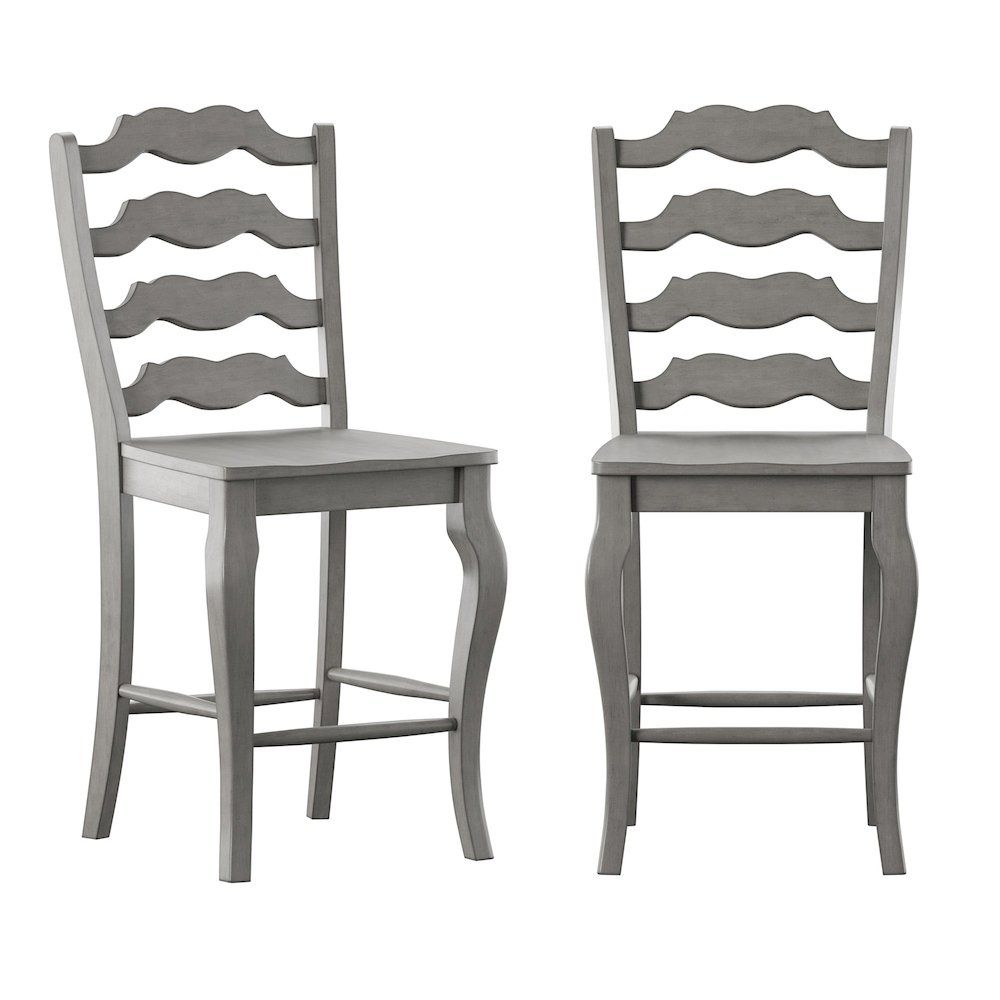 Set of 2, Antique Grey Finish French Ladder Back Counter Height Chair. Picture 2