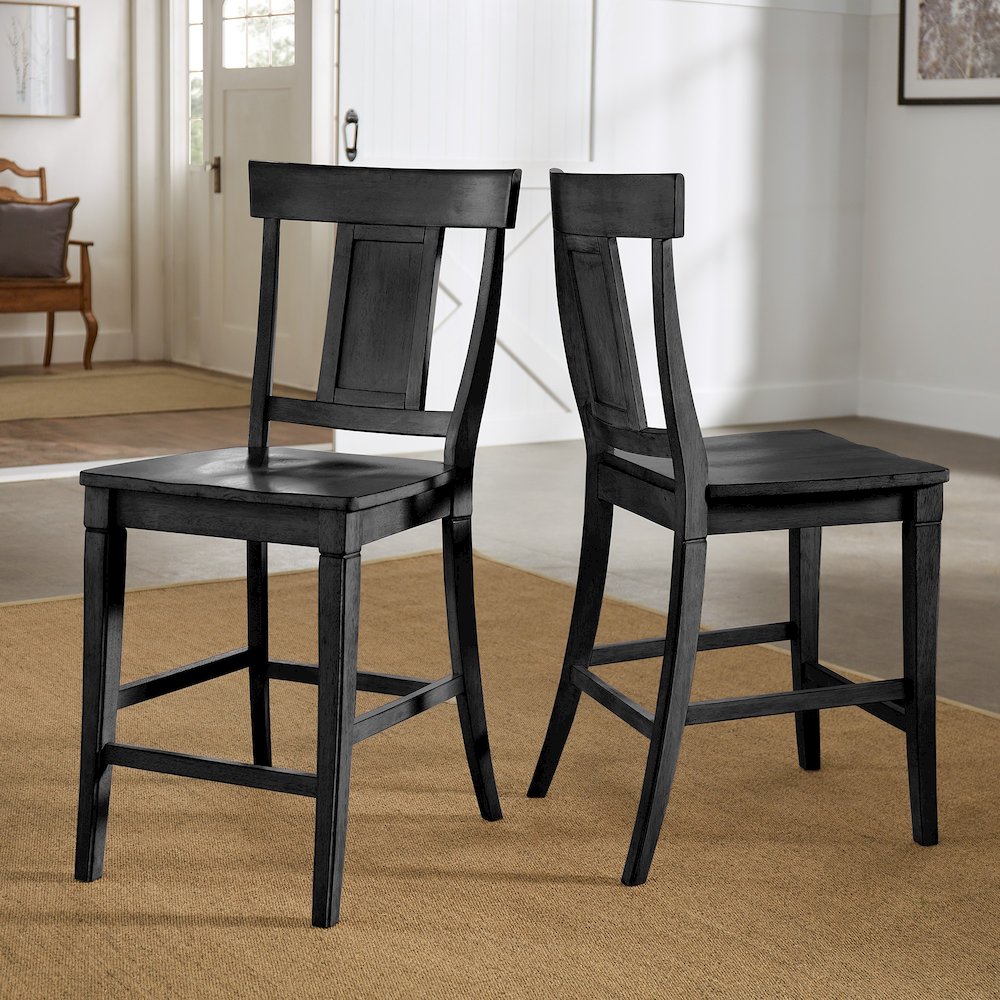 Set of 2, Antique Black Finish Panel Back Counter Height Chair. Picture 1