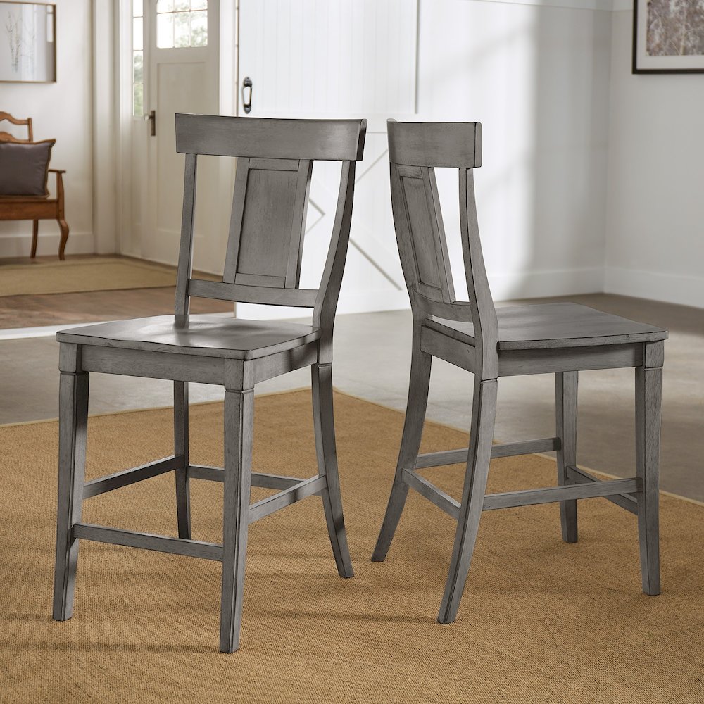 Set of 2, Antique Grey Finish Panel Back Counter Height Chair. Picture 1
