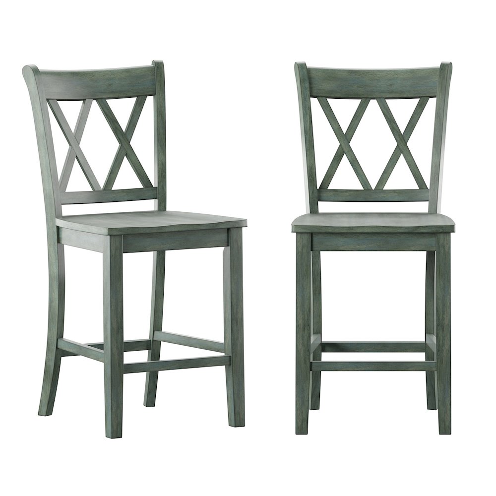 Set of 2, Antique Sage Finish Double X Back Counter Height Chair. Picture 2