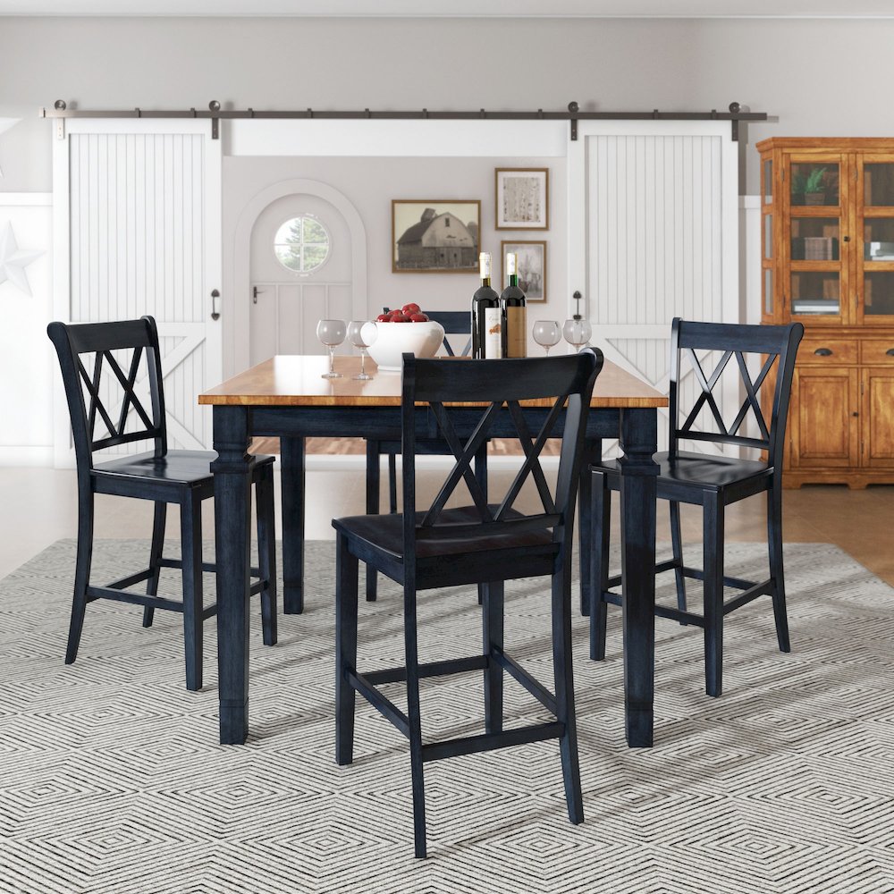 Set of 2, Antique Denim Finish Double X Back Counter Height Chair. Picture 2
