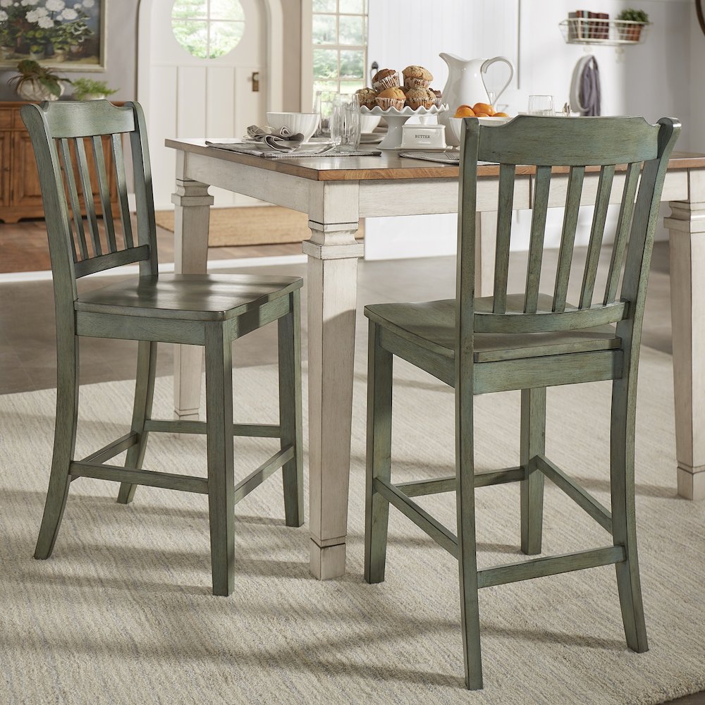 Set of 2, Antique Sage Finish Spindle Back Counter Height Chair. Picture 1