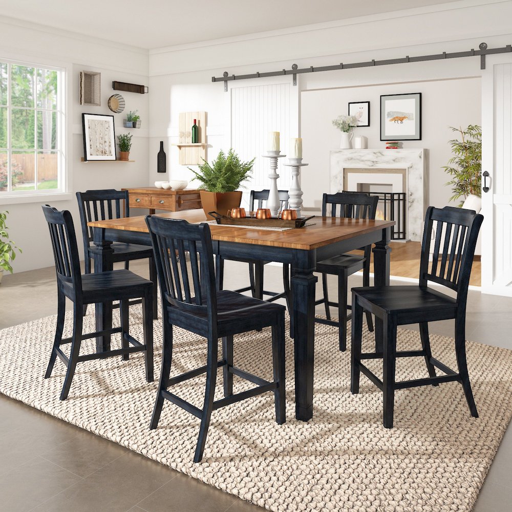 Set of 2, Antique Denim Finish Spindle Back Counter Height Chair. Picture 1
