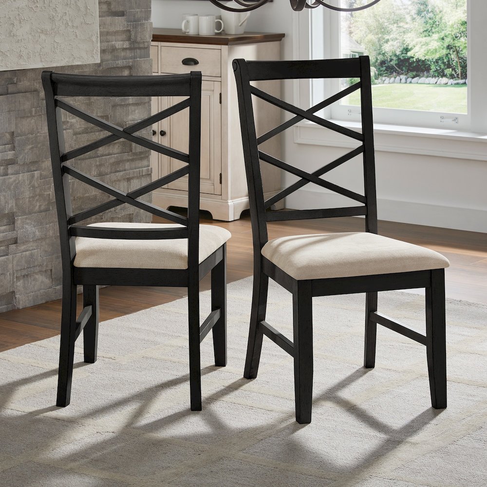 Set of 2, Antique Black Finish Double Cross Back Sand Fabric Dining Chair. Picture 1