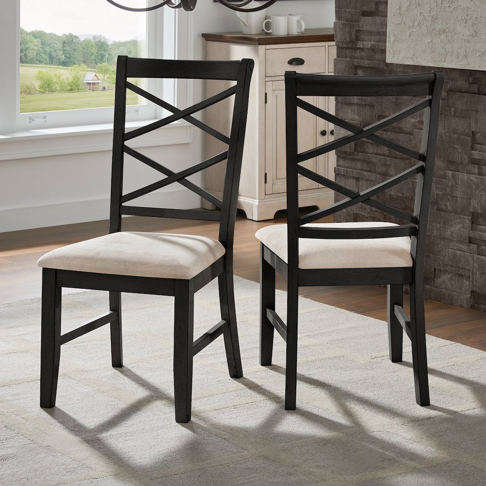 Set of 2, Antique Black Finish Double Cross Back Sand Fabric Dining Chair. Picture 2