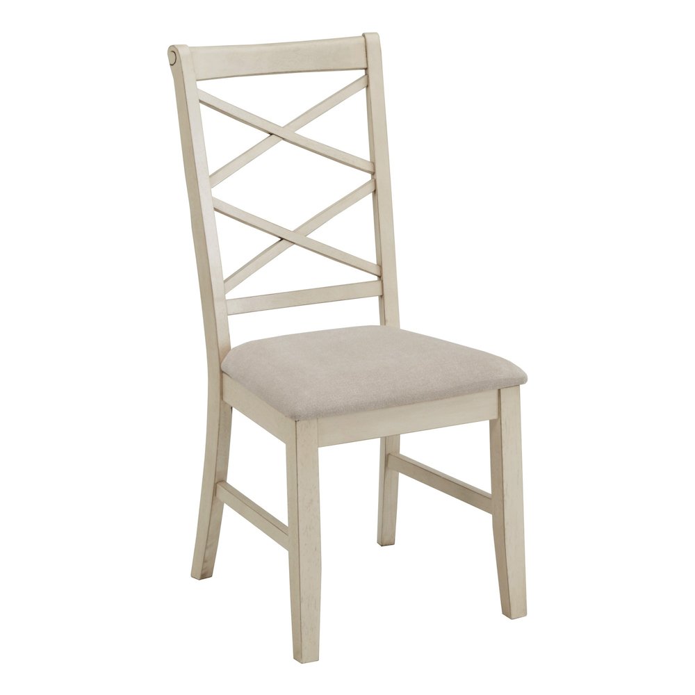 Set of 2, Antique White Finish Double Cross Back Sand Fabric Dining Chair. Picture 5
