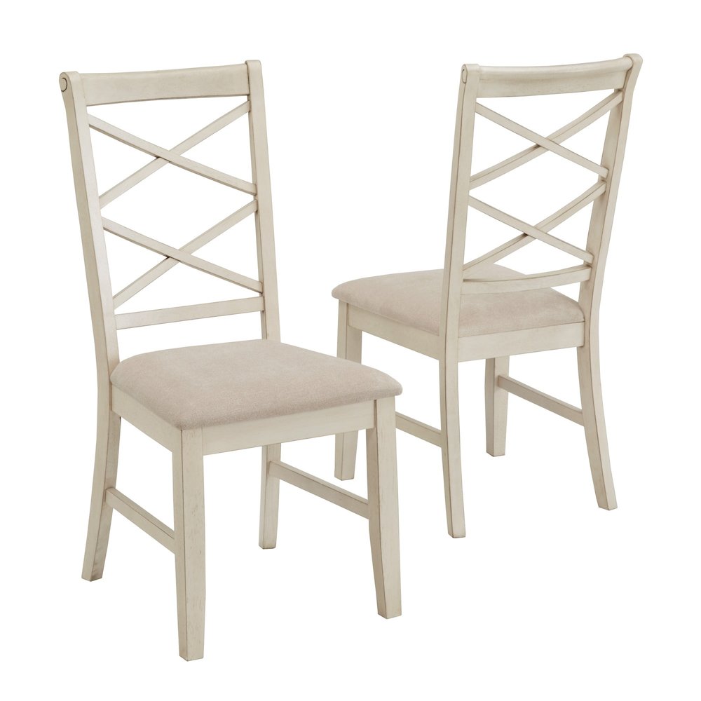 Set of 2, Antique White Finish Double Cross Back Sand Fabric Dining Chair. Picture 7