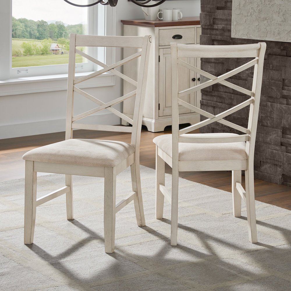 Set of 2, Antique White Finish Double Cross Back Sand Fabric Dining Chair. Picture 2
