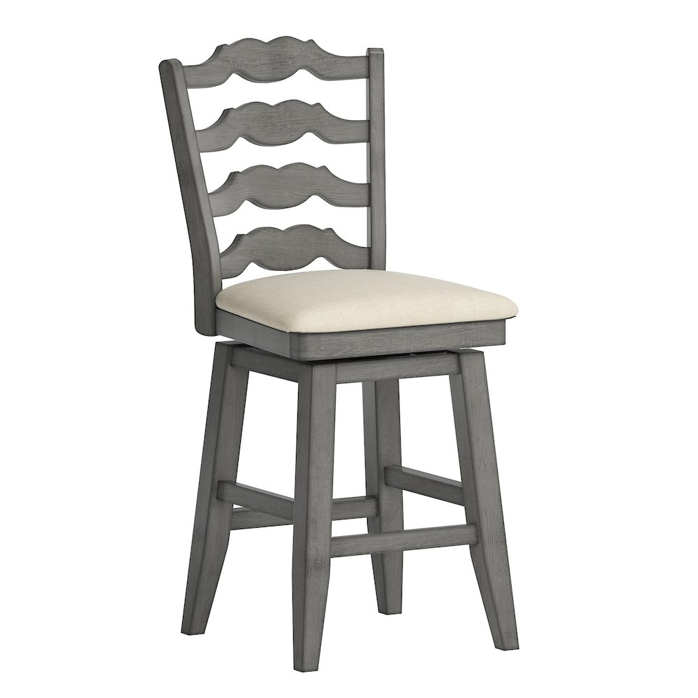 Antique Grey Finish French Ladder Back Swivel Chair W/ Beige Linen Seat. Picture 5