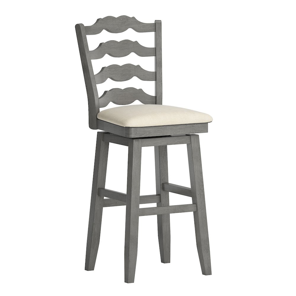 Antique Grey Finish French Ladder Back Swivel Chair W/ Beige Linen Seat. Picture 3