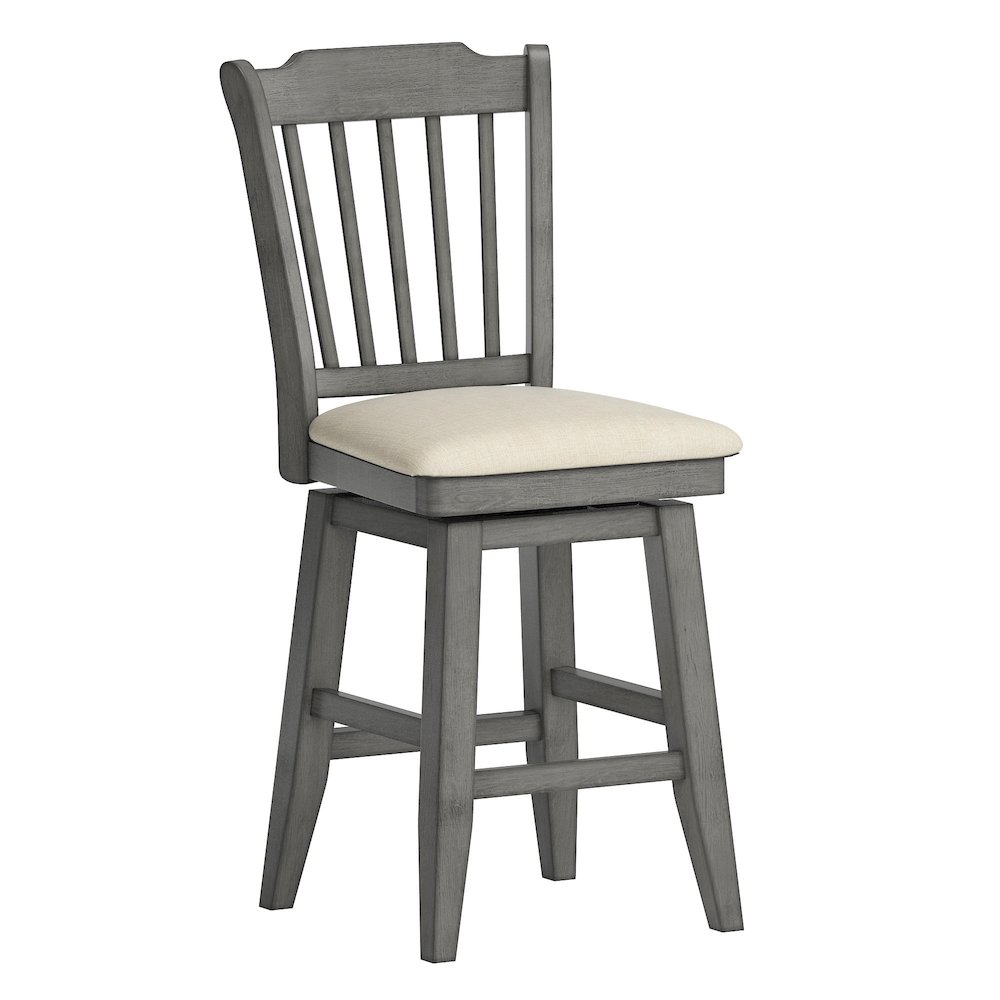 Antique Grey Finish Spindle Back Swivel Chair W/ Beige Linen Seat. Picture 1