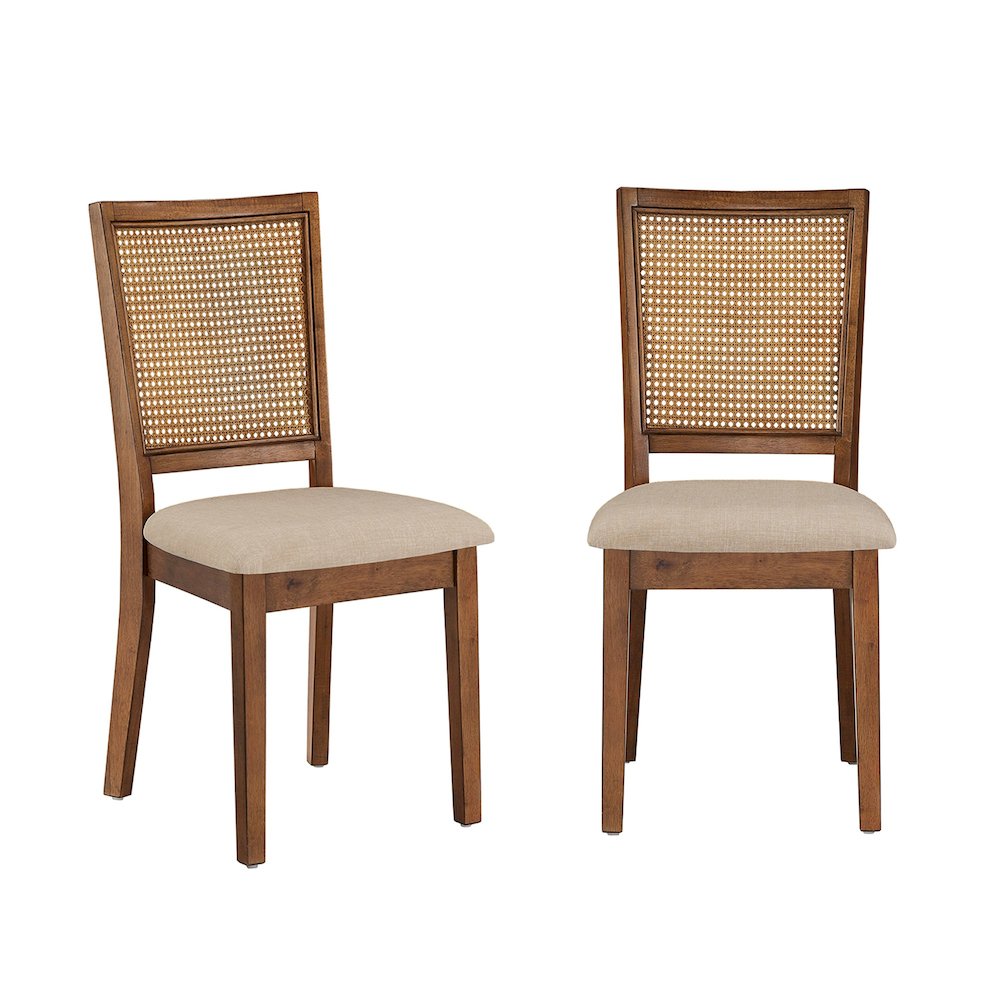 Set of 2, Oak Finish Beige Linen Synthetic Rattan Back Dining Chair. Picture 5