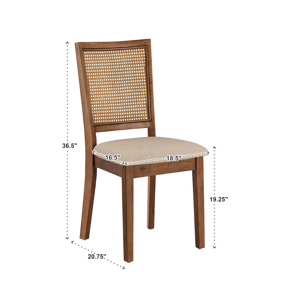 Set of 2, Oak Finish Beige Linen Synthetic Rattan Back Dining Chair. Picture 6