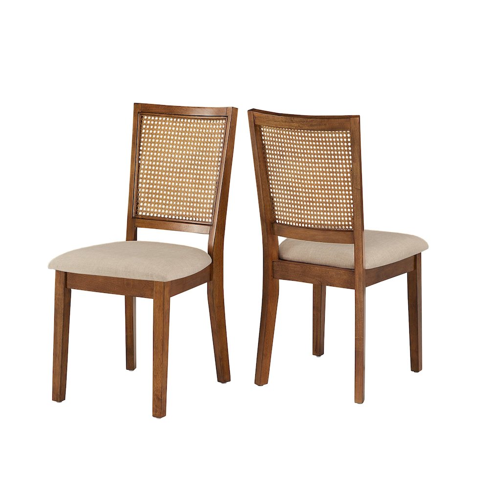Set of 2, Oak Finish Beige Linen Synthetic Rattan Back Dining Chair. Picture 9