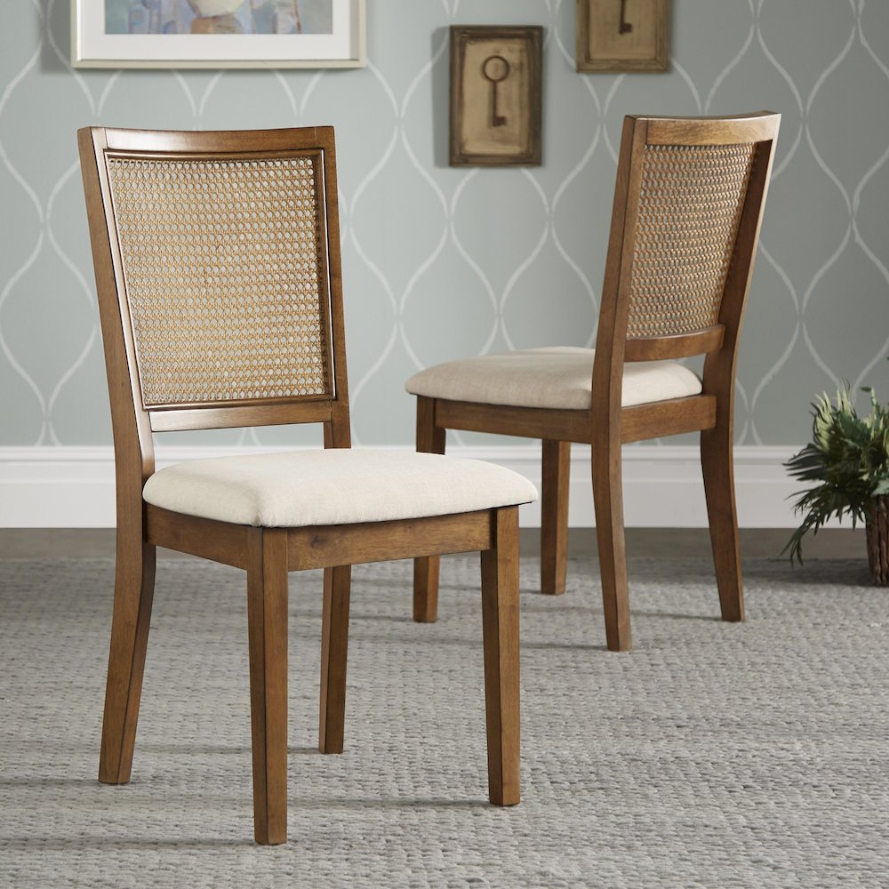 Set of 2, Oak Finish Beige Linen Synthetic Rattan Back Dining Chair. Picture 1
